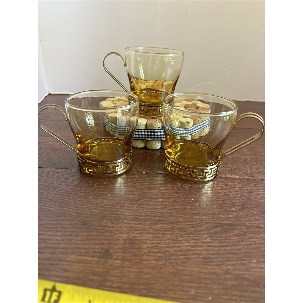 Vintage‎ Libbey Gold Greek Key Glass Continental Coffee Cups w/ Metal Holders-3